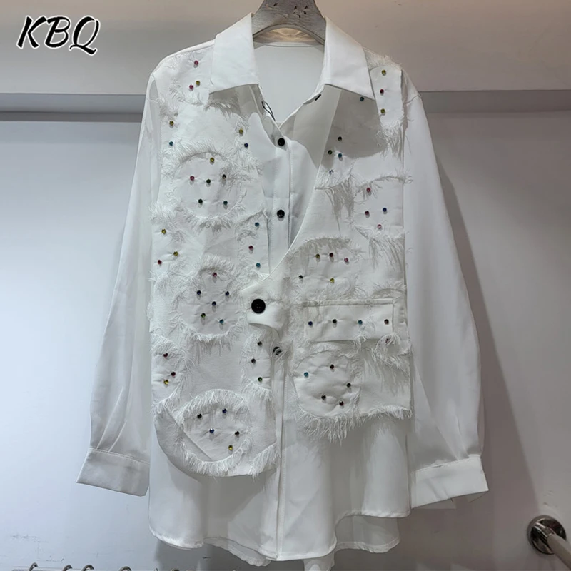 KBQ Solid Spliced Single Breasted Loose Blazer For Women Notched Collar Long Sleeve Spliced Diamonds Temperament Coats Female