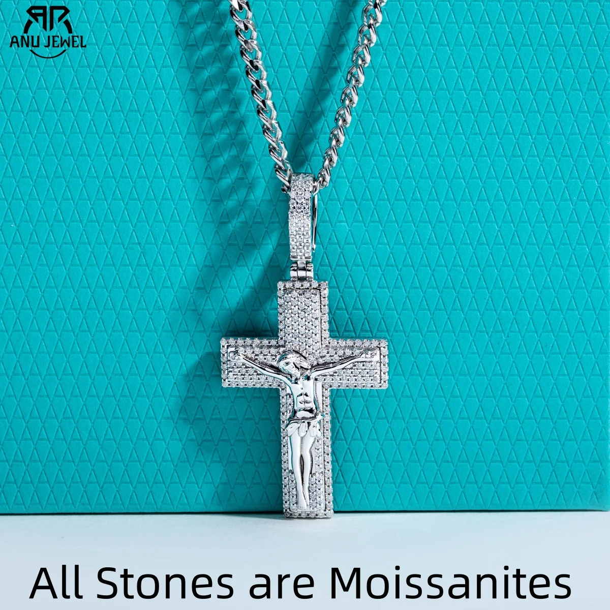 

AnuJewel Moissanite Jesus Pendant Hip Hop Necklace 925 Sterling Silver Cross New Age Key chain 60cm Heavy Metal Dope Jewelry