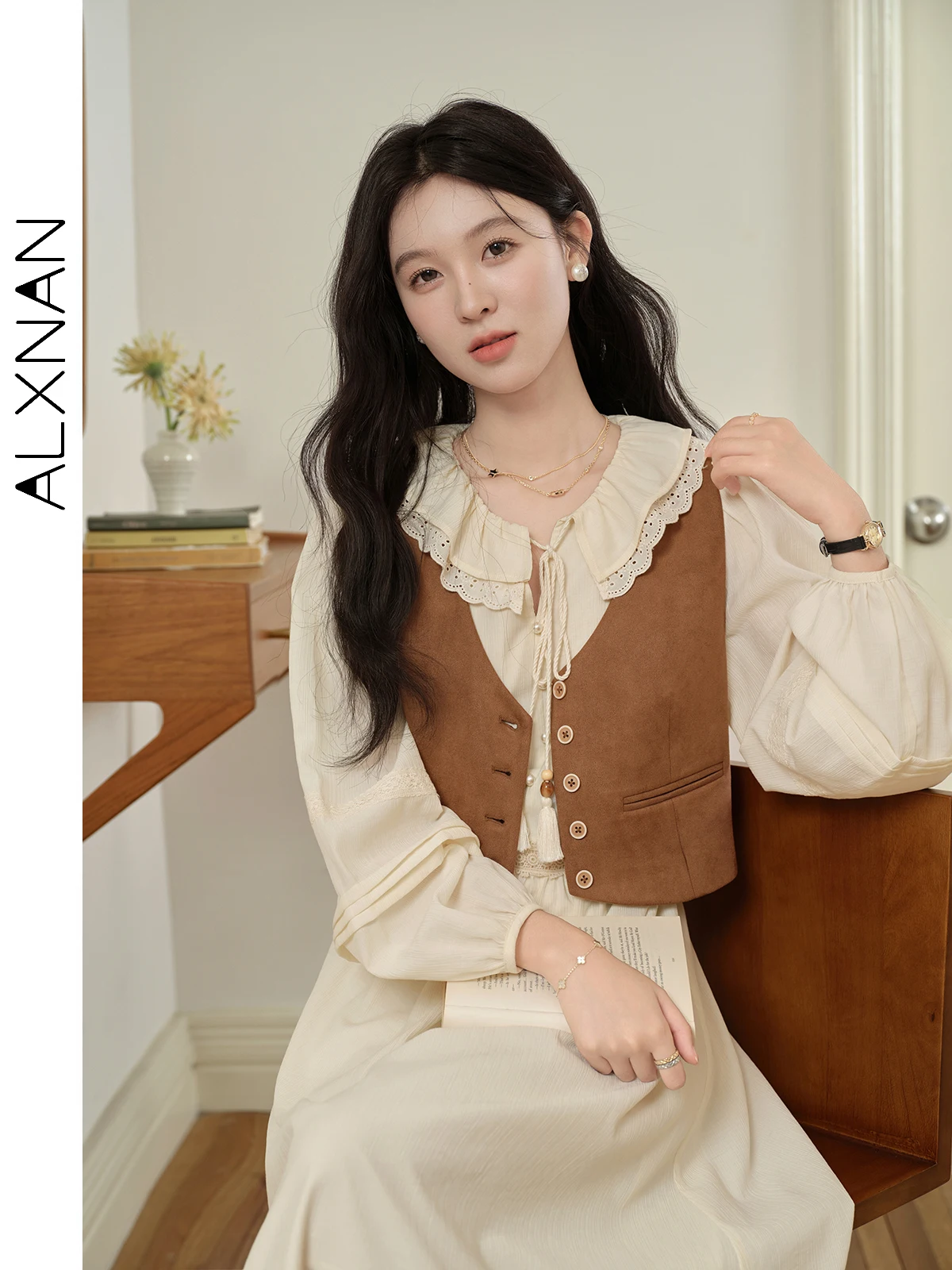 Alxnan-女性用ノースリーブVネックチョッキ、シンプルシングルブレストベスト、レトロ、クロップド、シンプル、別売り、l39818mj、2021