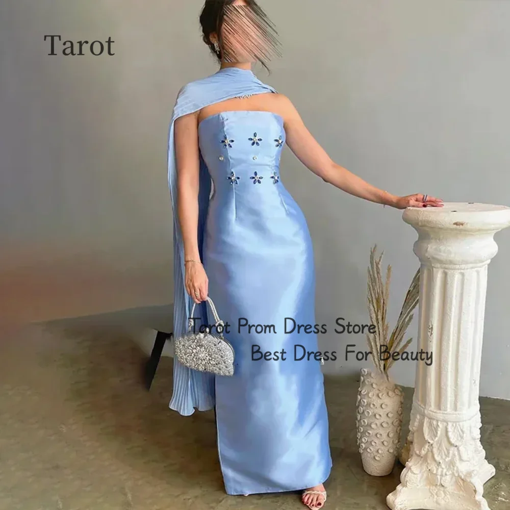 

Tarot Modern Strapless Saudi Prom Dresses Satin Beading Pleated Ribbon Straight Evening Dress Elegant Knee Length فساتين سهرة