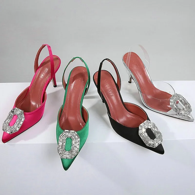 2024 Early Spring New High-heeled Shoes Stiletto Pointy Rhinaute Silk Bao Head Sandals Female Pumps