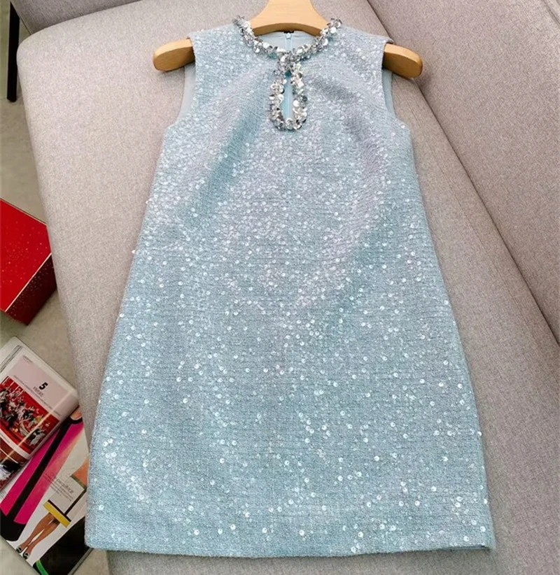 

Hight Quality Summer Autumn Sequins Tweed Dress Women Diamonds Beaded A Line Mini Short Party Evening Prom Dresses Lady