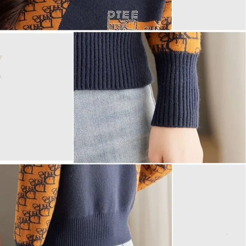 Women's Autumn Winter Fashion Pullover Half High Neck Contrast Diamond Jacquard Casual Long Sleeve Loose Sweater Knitted Tops