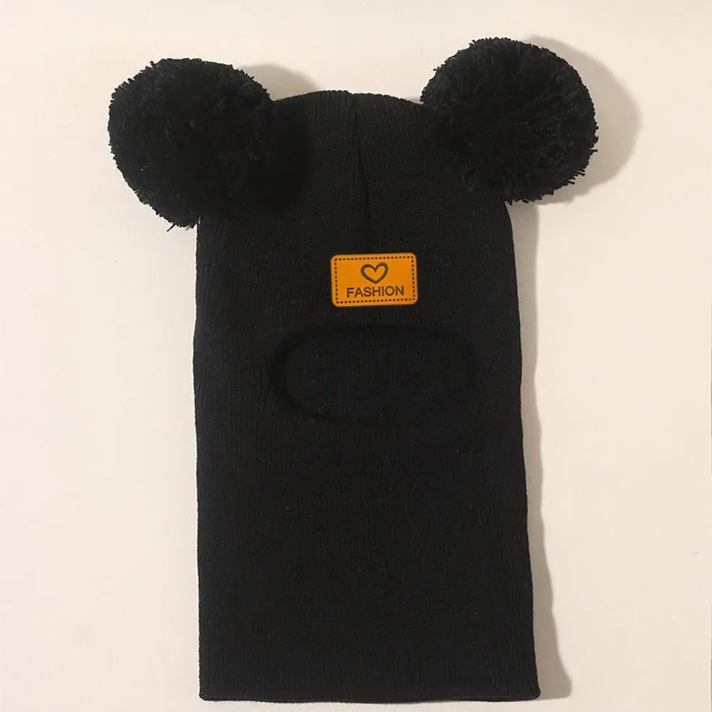 Double Pompon Winter Balaclava Thick Yarn Solid Color Knit Beanie Integrated Design Warm Padding Earflap Cap Cold Weather