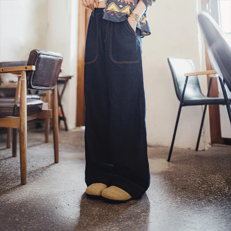 Maden Vintage Women Loose Fit Denim Jeans Straight Leg YKK Zipper Jeans Casual Wide Leg Pants with Paris Buckle Autumn Trousers