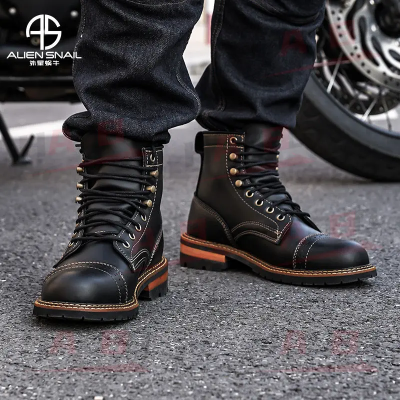 ALIEN SNAIL Cowhide Casual High-Top Boots Retro Workwear Shoes Leather Men Motorcycle Riding Boots Comfortable Walking Shoes