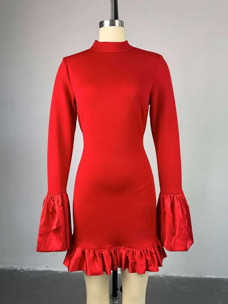 Vestido de cintura alta para mulheres gola festa vermelho midi vestidos com babado em torno feminino primavera sexy e vestido de cintura alta