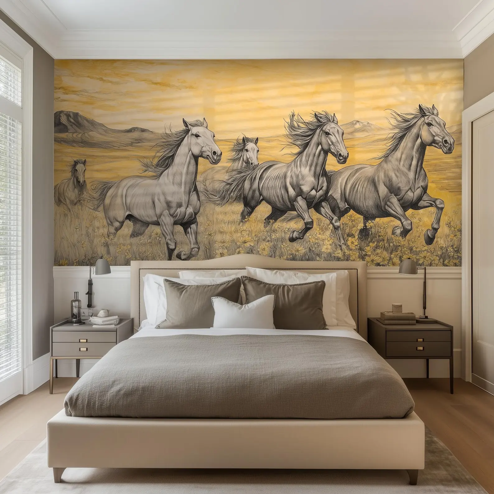 Customized horse wallpaper mural scenery farmhouse mural hand-painted countryside yellow flowers galloping horses 3d wallpaper