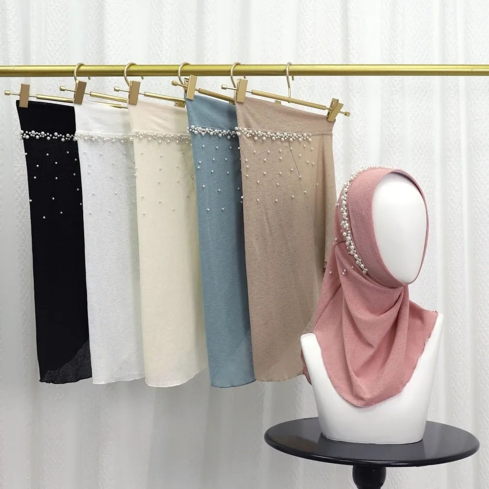Pearl Beaded Trim Women Turban Cap Pull On Elastic Fit Pull On Head Wrap Easy Wear Solid Color Beaded Hijab Scarf Muslim Women