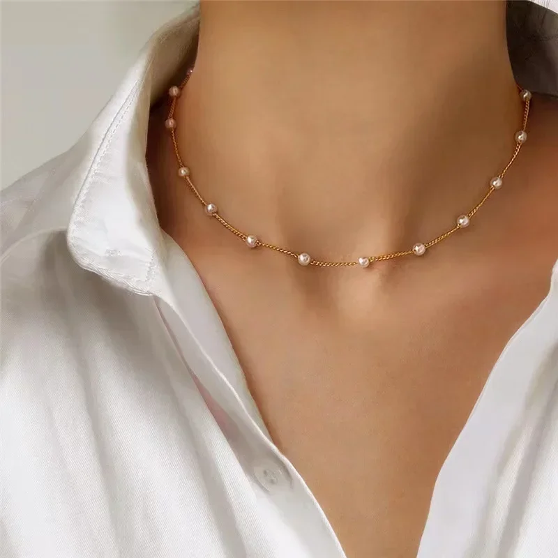 New Beads Women\'s Neck Chain Kpop Pearl Choker Necklace Gold Color Goth Chocker Jewelry on The Neck Pendant 2024 Collar for Girl