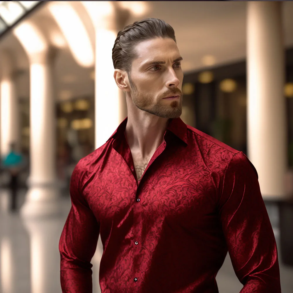 Exquisite Silk Shirts for Men Wine Red Paisley Lapel Woven Long Sleeve Embroidered Leisure Fit Party Wedding Barry.Wang CY-0409