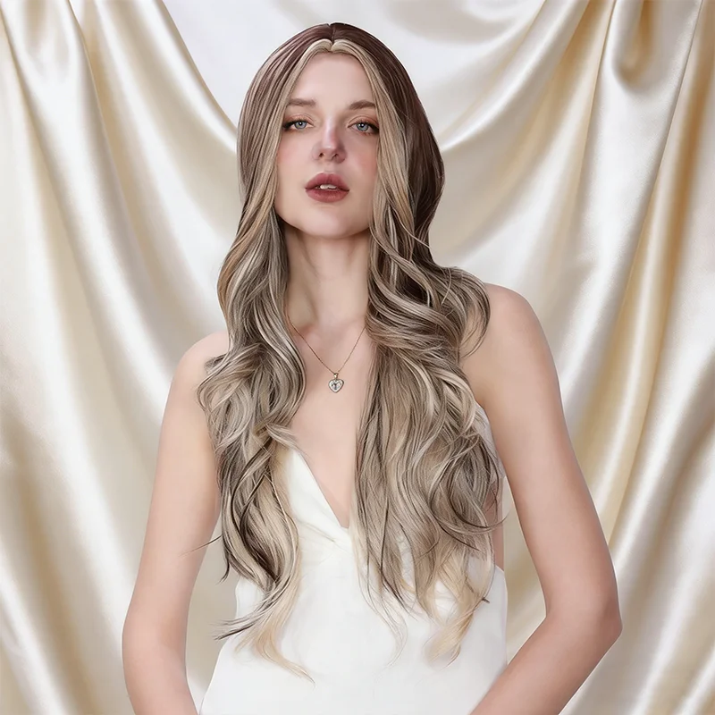 شعر مستعار طويل مجعد - قبعة نسائية شبكية من الألياف الاصطناعية ذات موجة فضفاضة، بني رمادي يومي، لون فاتح طبيعي، شعر مستعار أنيق #2