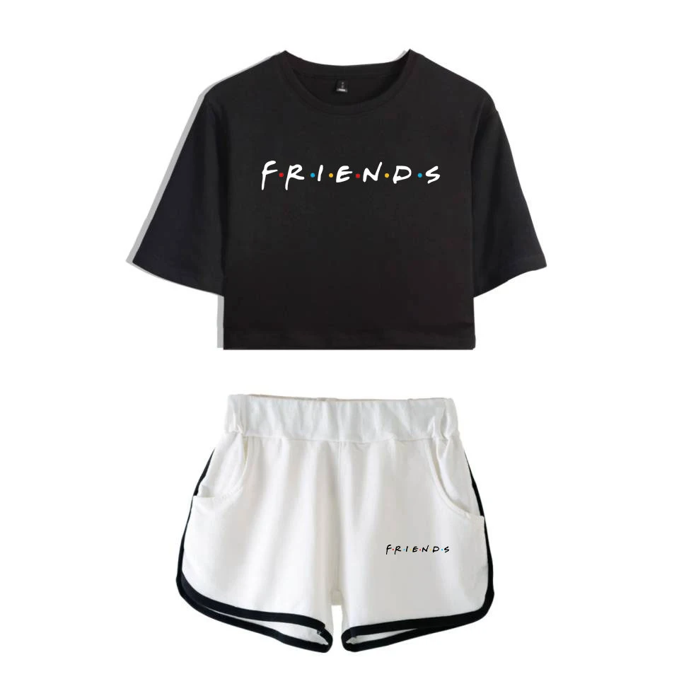 Fashion Creative Show I'll Be There for You Print Two Piece Set Women Sexy Shorts+lovely T-shirt Cute Dew navel Sport Girl suits