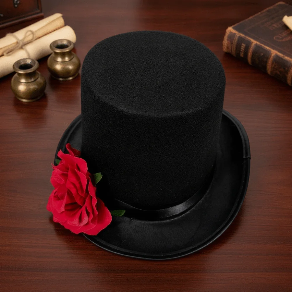 Artificial Rose Gothic Top Hat Classic Black Vibrant Red Magician Fedora Headwear Polyester Felt Wide Brim - view 4