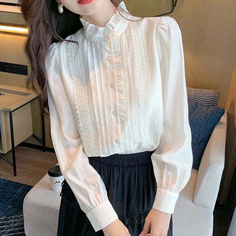 Style Awe Romantic Lactic Frill Solid Long-sleeved Blouses for Women Date Look for office BL1650