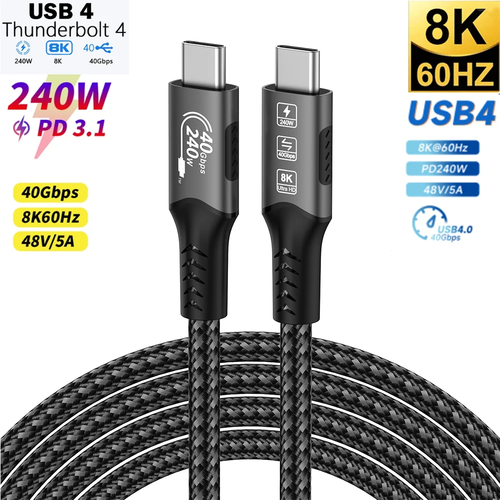 240W USB4 Cable USB C to C Cable Fast Charging Compatible Thunderbolt 4/3 Cable Support 8K 60Hz & 40Gbps Data Transfer Charger