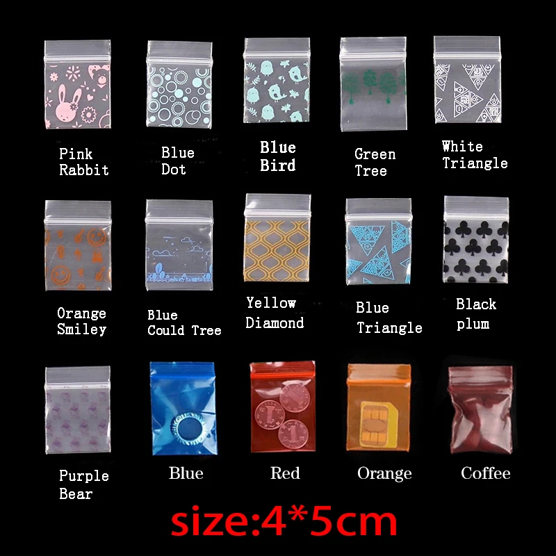 100Pcs Mini Zip Lock Bags Storage Bag Cartoon Printed Reclosable Clear Plastic Bag Reusable Jewelry Ziplock Packaging Pouches