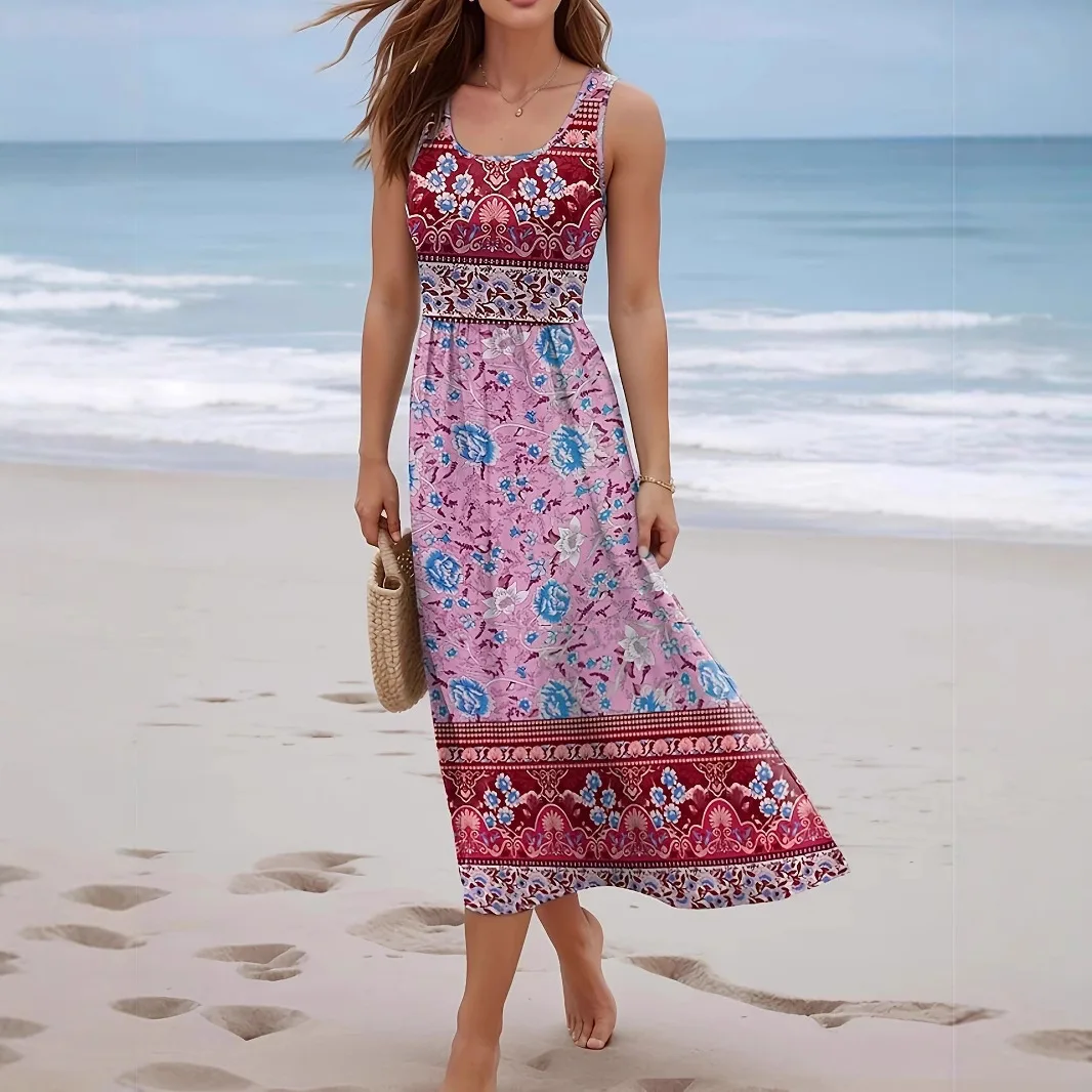 

2025 Summer Women's Beach Dress O-Neck Elastic Waist Pullover Printed Seaside Sleeveless Vest Midi Skirt
