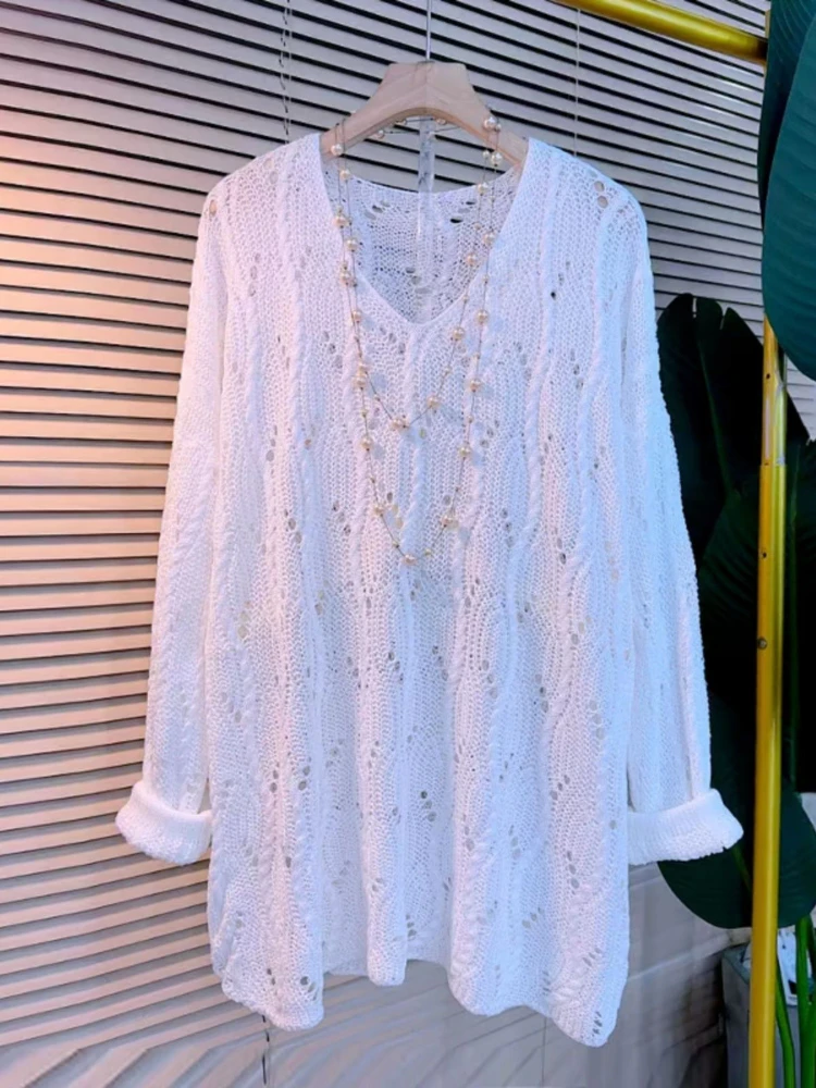 

Oversized Pullovers For Women Long Sleeve V-neck Jumper Casual Fashion Pull Femme Hollow Out Knitting Thin Sweater Sueter Mujer