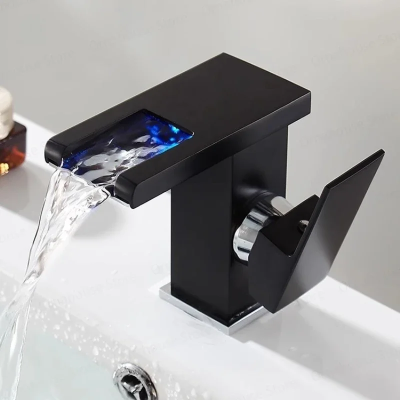 Black Single Hole Bathroom Sink Faucet with Cold And Hot Water Mixing 3-Color Changing Waterfall Valve Modern Kitchen Sink Tap