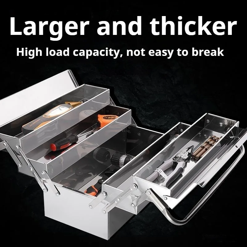 Foldable Stainless Steel Tool Box Heavy Duty Portable Handheld Tool Storage Case Home Repair Workshop Garage Organization Tool
