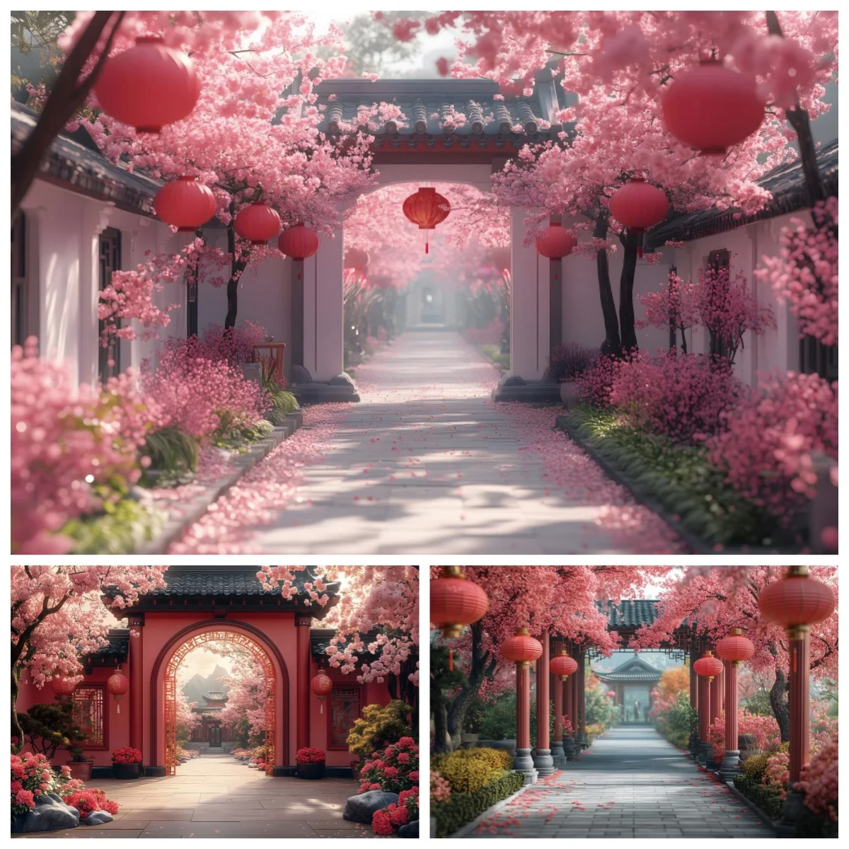 

Spring Garden Flowers Scene Photography Backdrop Chinese Style Traditional Courtyard New Year Decor Portrait Photo Background