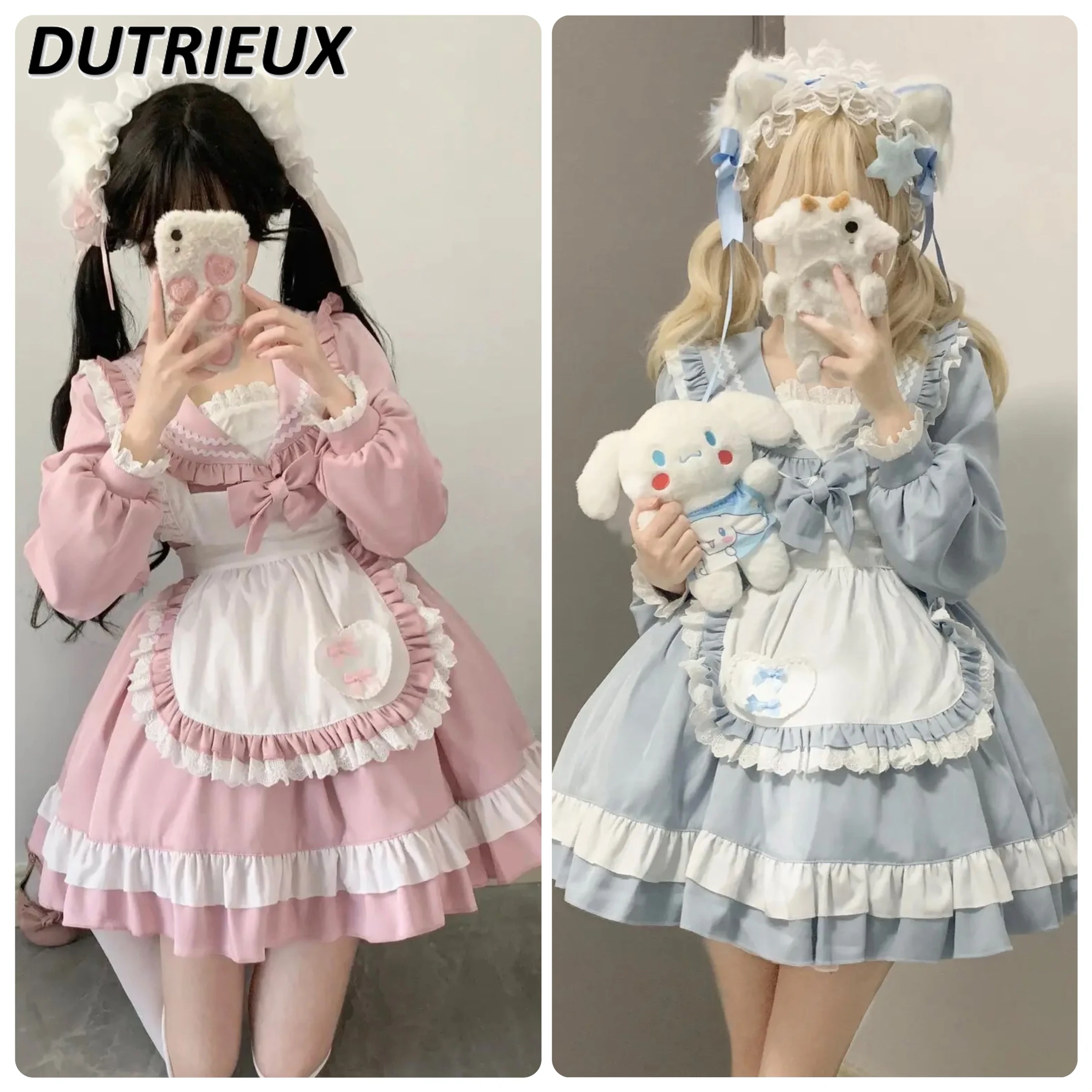 Large Size Sweet Cute Japanese Style Sailor Suit Long Sleeve Suit Soft Jk Uniform Cos Girl Long Sleeved Dress+apron Set