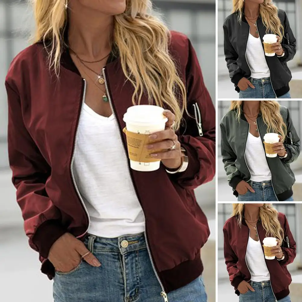 

Women Jacket Stylish Stand Collar Women's Cardigan Jacket for Fall Spring Zip-up Elastic Cuff Hem Coat with Solid for Daily