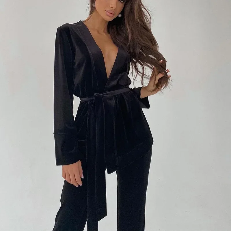 Two Piece Sets Outfits Casual Loose Top Trousers Y2K Velvet Pants Long Sleeve Shirt Tops Women Trousers Sets Gold Velvet Suit