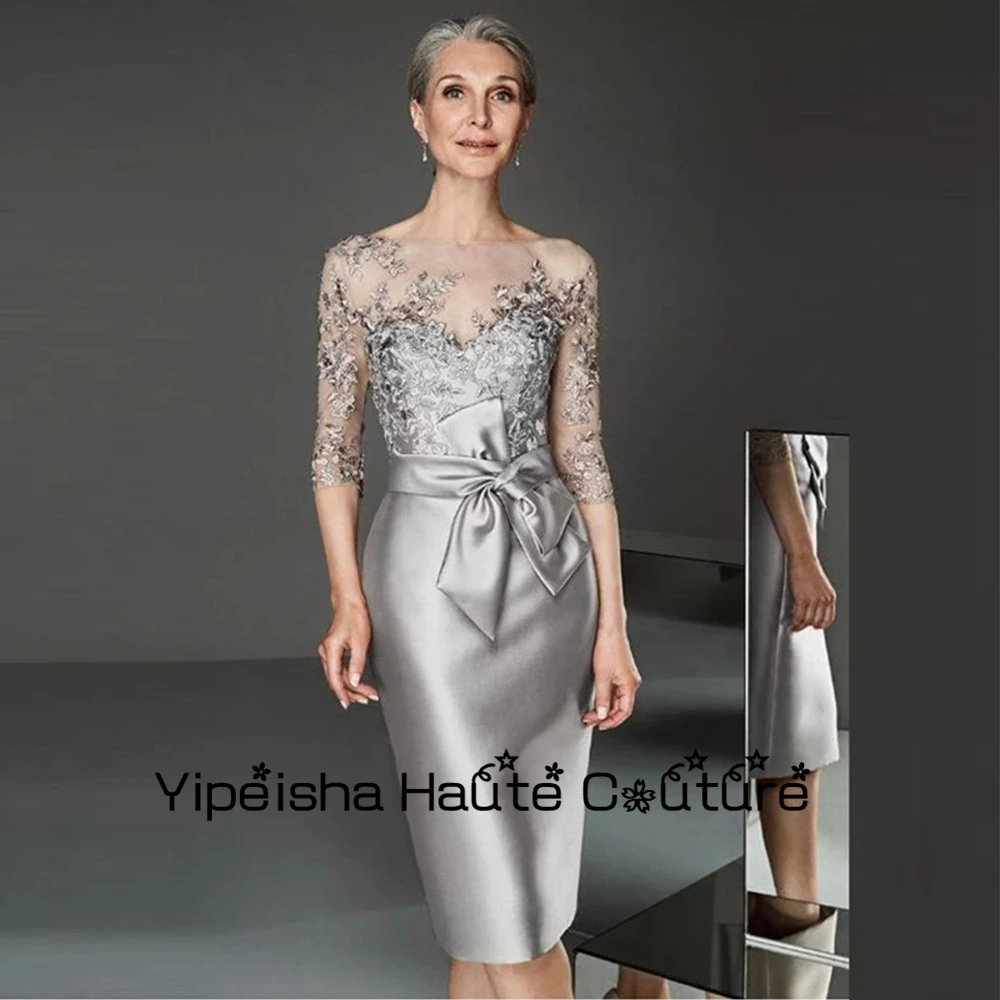 Yipeisha Silver Scoop Bow Lace Knee Length Mother Of Bridal Dresses Three Quarter Wedding Party Gowns   Prom  2022