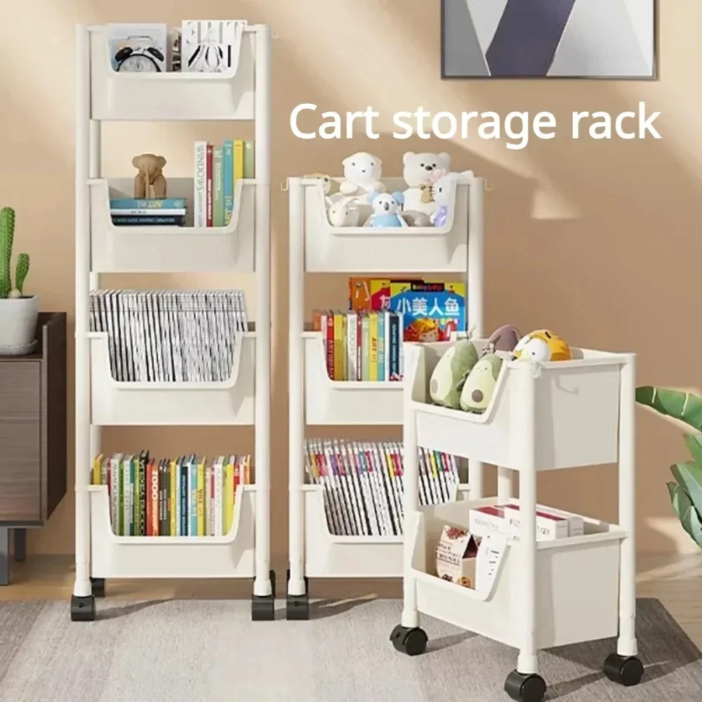 Portable Bookshelf With Wheels Trolley Kitchen Storage Rack Living Room Mobile Display Cabinet Corner Movable Bookshelf