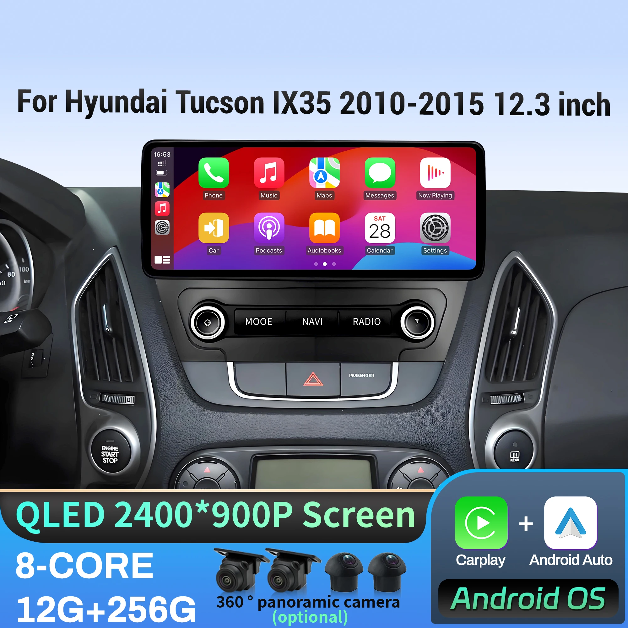 

12,3-дюймовый автомобильный радиоприемник для Hyundai Tucson IX35 2010-2015, Android 14, беспроводной BT Carplay, мультимедийный головное устройство, сенсорный экран, стерео