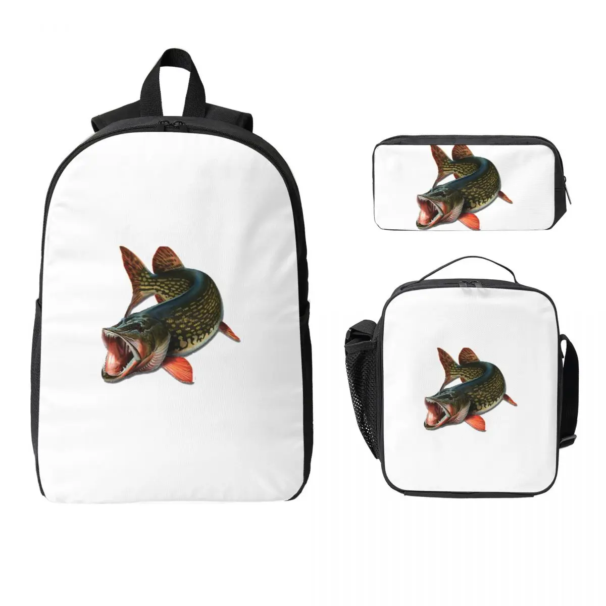 

Northern Pike Fish Backpack Student Boys Girls BookBag School Bag Computer Shoulder Bags 3ps Insulated Lunch Bag Pencil Case