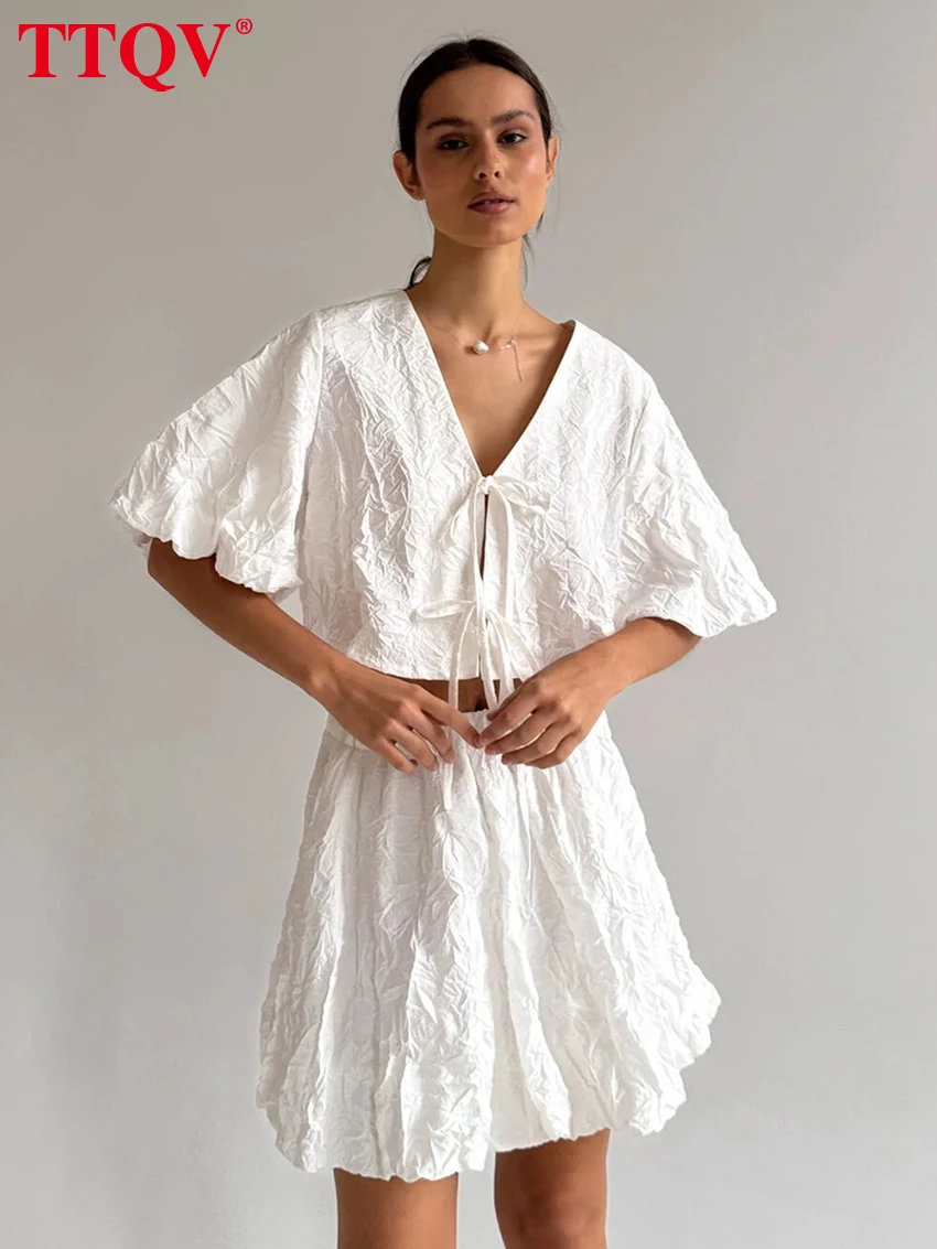 

TTQV Summer Loose White 2 Piece Set Women 2026 Fashion Short Sleeve Crop Top With High Waist Pleated Mini Skirt Set Female