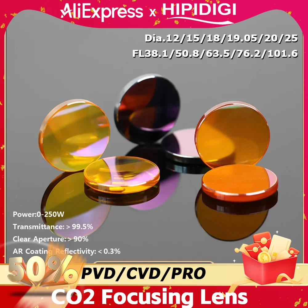 

HIPIDIGI CO2 Focus Lens USA ZnSe CVD/PVD/PRO Dia.18 19.05 20mm FL38.1 50.8 63.5 for Laser Engraving Cutting Machine Consumables