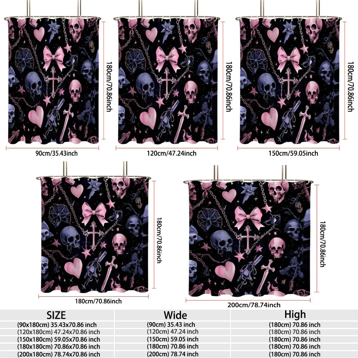 Cute Goth Style Pink Purple Skulls Bows Hearts Cross Sword Star On Black Background Pattern Bath curtain Cozy Plush