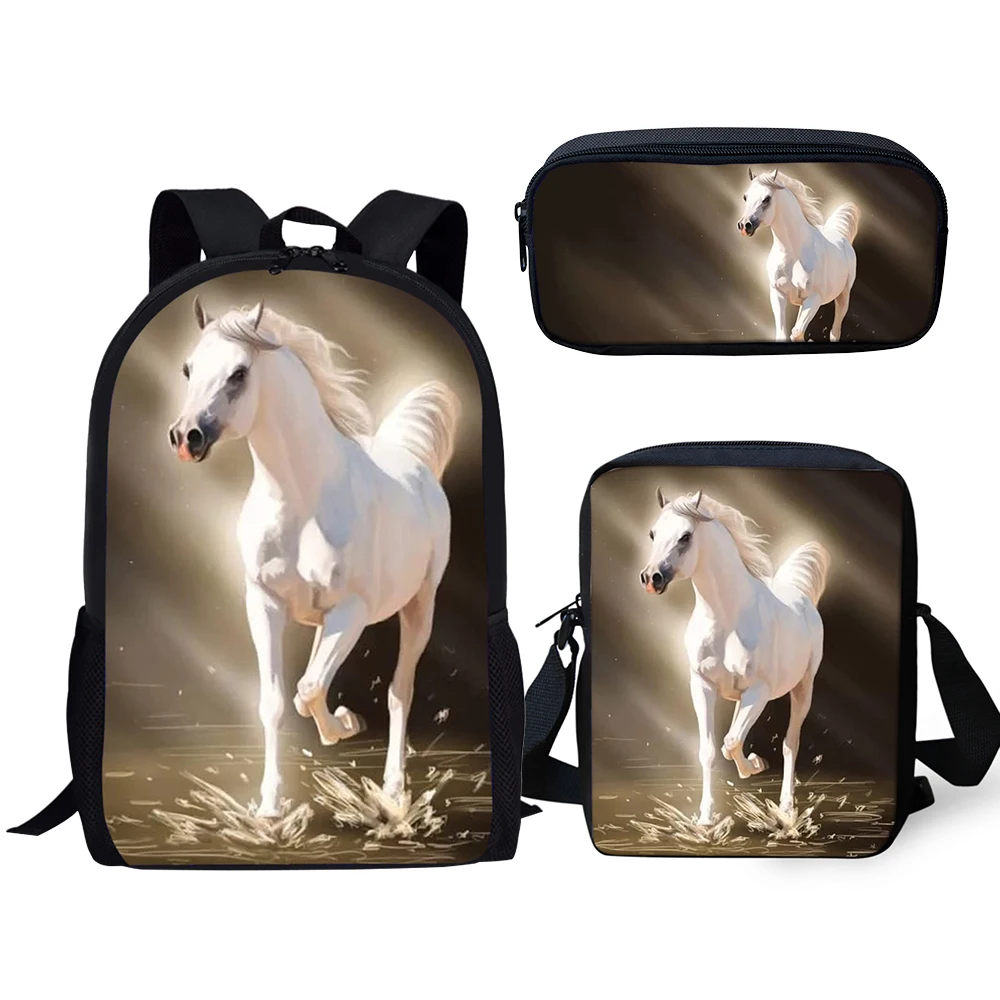 Harajuku Novelty Cool White Horse 3pcs/Set Backpack 3D Print School Student Bookbag Laptop Daypack Shoulder Bag Pencil Case