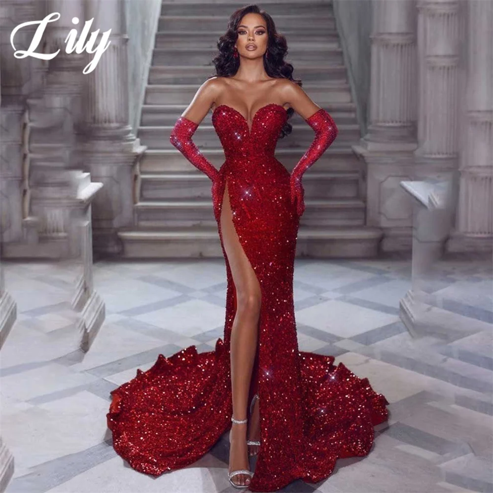 

Lily Red Evening Gown Trumpet Sequins Prom Dress Pleat Off The Shoulder Sweetheart Evening Dress with High Split robes de soirée