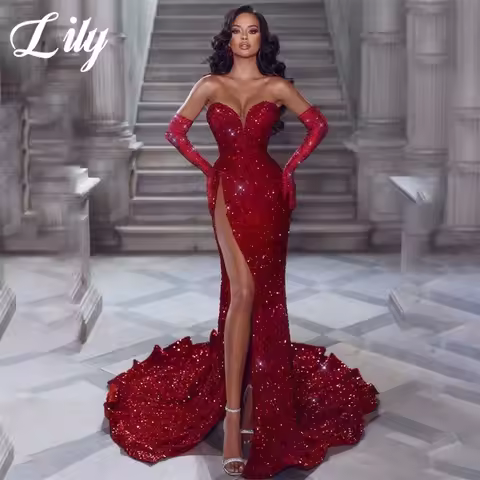 Lily Red Evening Gown Trumpet Sequins Prom Dresses Pleat Off The Shoulder Sweetheart Evening Dress with High Split Customized