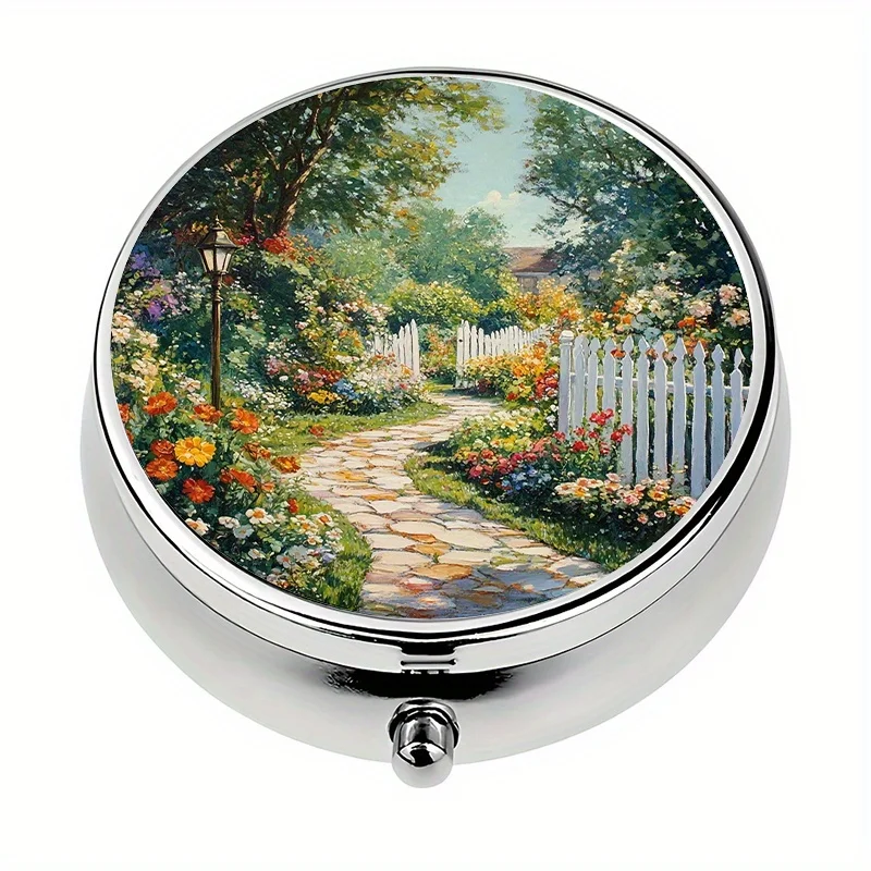 1 garden-themed three-compartment pill box, mini pill container, portable pill organizer, decorative vitamin storage box for use in or handbags