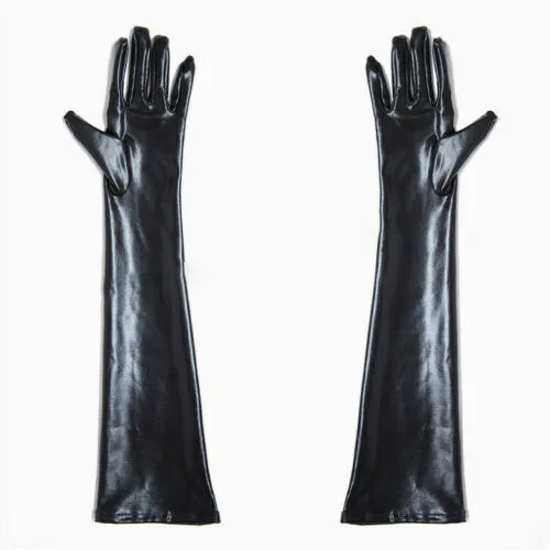 Sexy Unisex Solid Black Faux Leather Long Gloves Wet Look Latex Party Club Costumes Gauntlet Opera Glove Accessory For Men Women