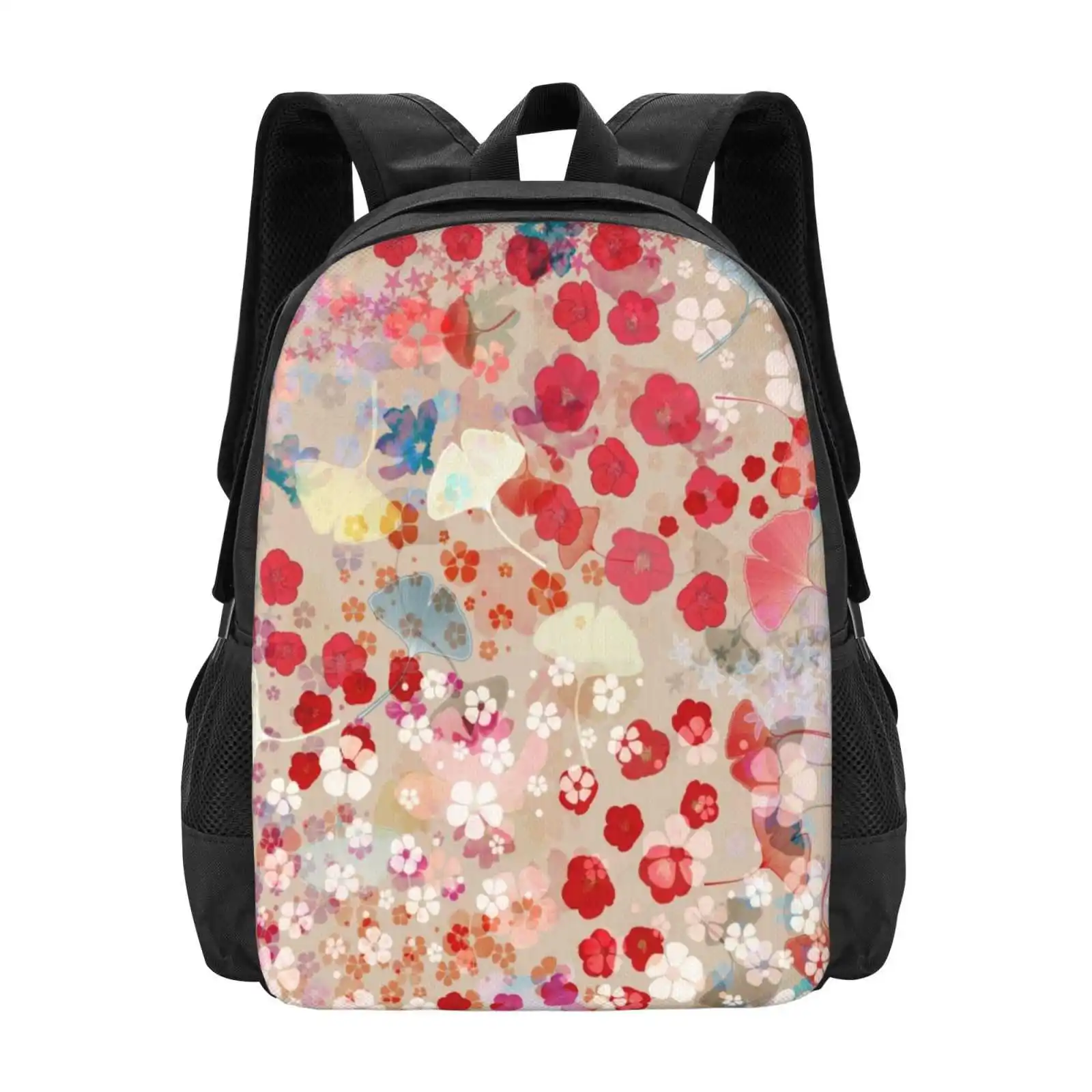 Blossom Pattern Design Bag Student'S Backpack Blossom Red Flowers Gingko Dragonfly Beige Flowery Floral White Warm Tones Leafs