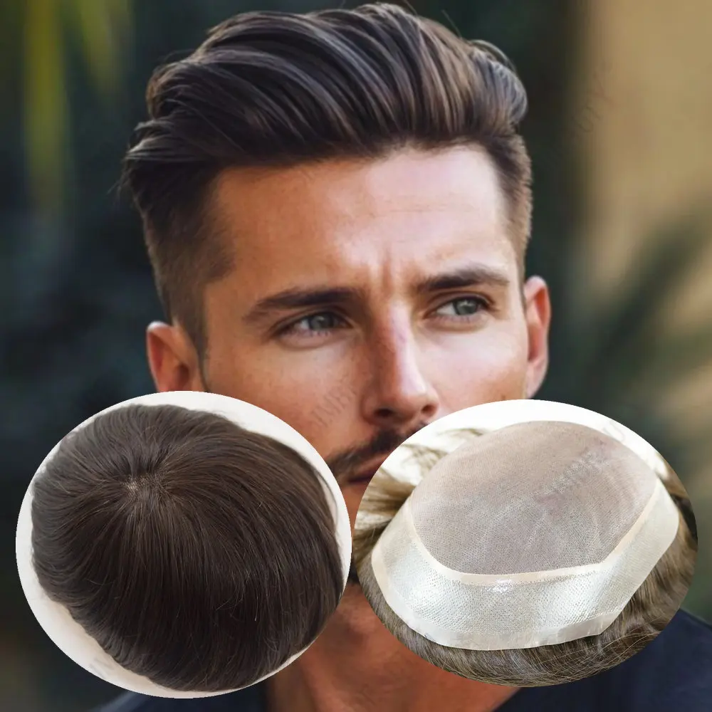 شقراء بني داكن رجالي Touppe دائم أحادية الدانتيل شعري طبيعي تنفس رجل شعر مستعار 100% شعر الإنسان الشعرية الاصطناعية للرجال