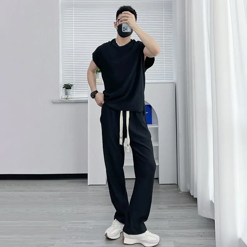Ensemble deux pièces pantalon en soie glacée haut de gamme été haute rue blanc pantalons décontractés Niche grande taille droite ample drapé pantalon ensembles