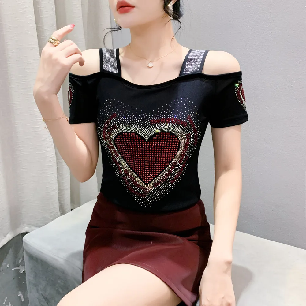 New 2024 Summer Short Sleeved Women\'s T-Shirt Elegant Slim Shiny Love Heart Diamonds Mesh Tops Chic Girl Sexy Off Shoulder Tees