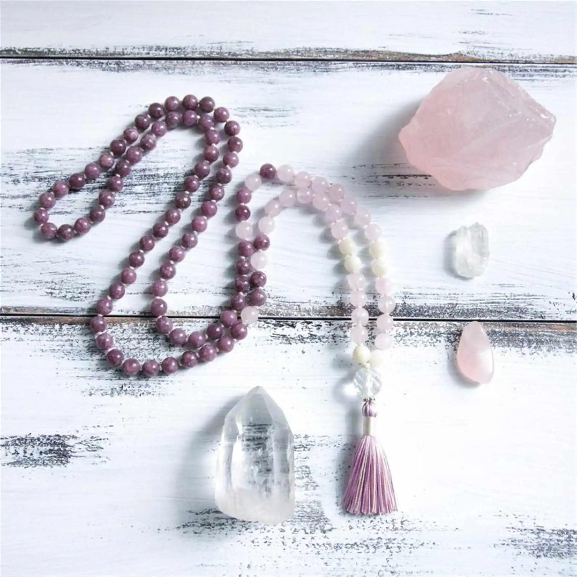 8mm Natural rose quartz Violet Tassels 108 Beads bracelet Spiritual Gemstone Peace Choker Meditation Tranquility Gift Yoga  Men