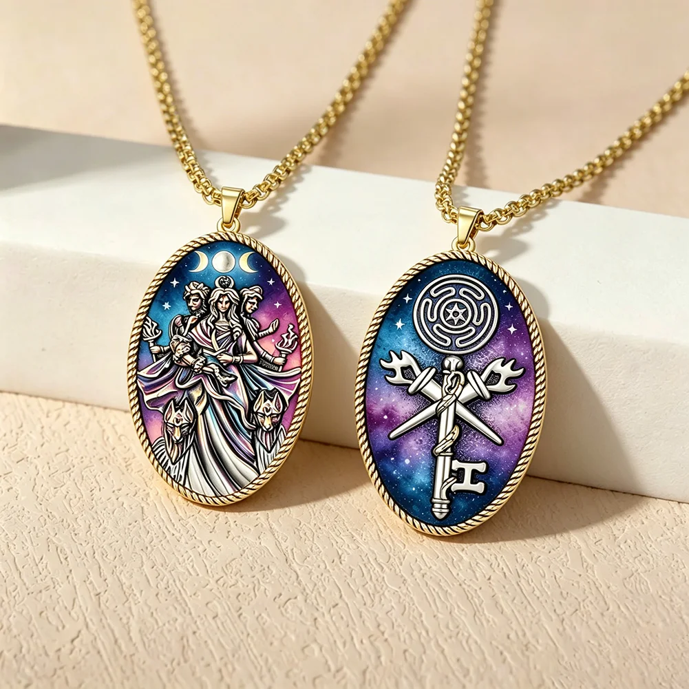Triple Moon Goddess Hecate Pendant Necklace Vintage Hekate Amulet Witch Wiccan Magic Talisman Jewelry Box Chain Goth Gifts