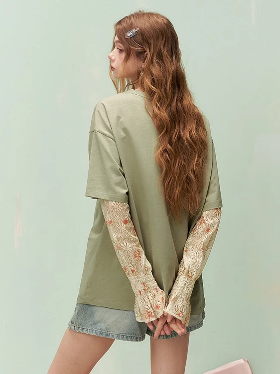 Retro American Style Long Sleeve T-Shirt Lace Print Patchwork Design Sensation Summer New Style Fake Two-Piece Women's Top