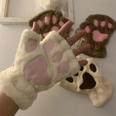 Kawaii 여성 고양이 장갑 패션 소녀 고양이 발톱 발 플러시 장갑 따뜻한 부드러운 플러시 짧은 핑거리스 하프 손가락 겨울 장갑