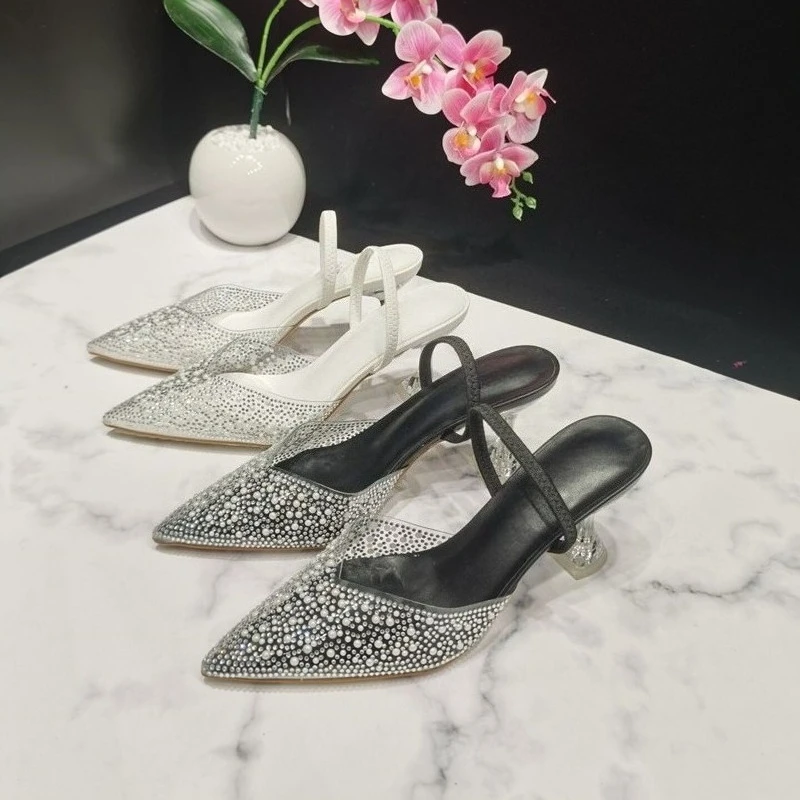 

2025 New Transparent PVC Pearl Rhinestone Hot High Heels Wine Glass and Pointed Women's Sandals